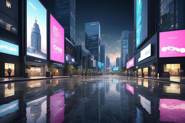 3D Rendering of billboards and advertisement signs at modern buildings in capital city with light reflection from puddles on street