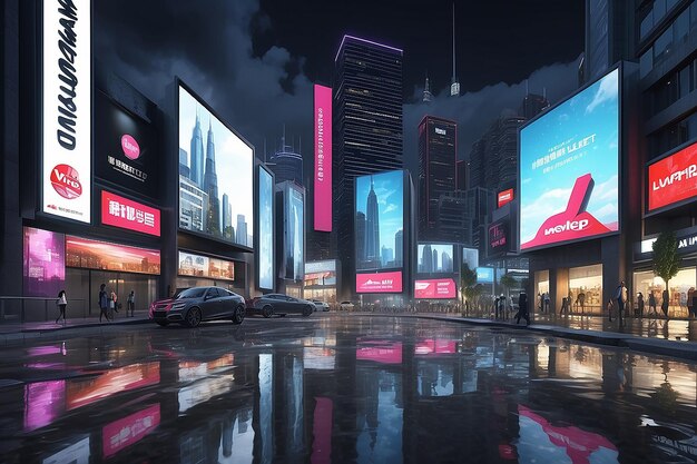 3D Rendering of billboards and advertisement signs at modern buildings in capital city with light reflection from puddles on street