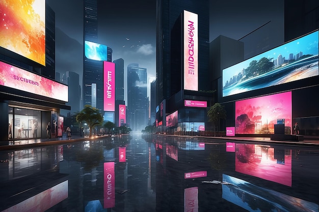 3D Rendering of billboards and advertisement signs at modern buildings in capital city with light reflection from puddles on street