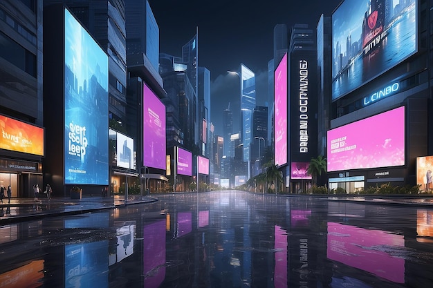 3D Rendering of billboards and advertisement signs at modern buildings in capital city with light reflection from puddles on street