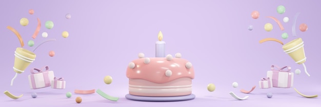 3D Rendering of birthday cake with candle and party popper popping confetti in pastel theme concept of birthday party banner. 3D Render illustration.