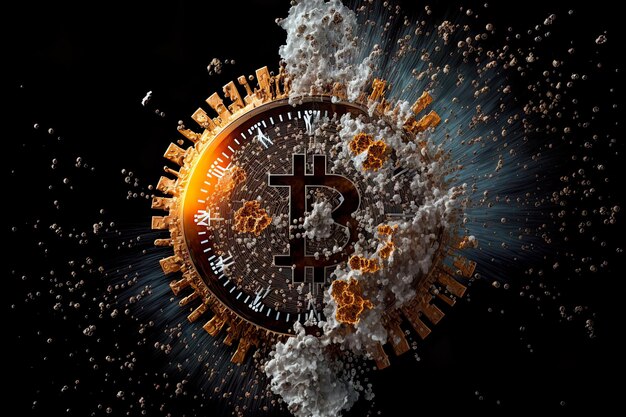 3D rendering. Bitcoin explodes as a coin, spreading broken pieces and gears