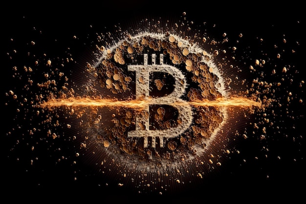 3D rendering. Bitcoin explodes as a coin, spreading broken pieces and gears