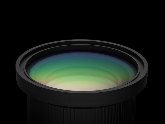 Photo 3d rendering black camera lens on black background