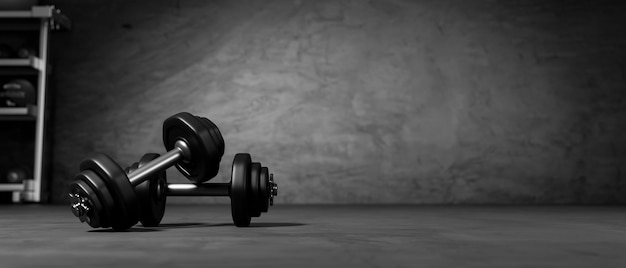 3D rendering black dumbbells on the floor in dark concept fitness room with training equipment