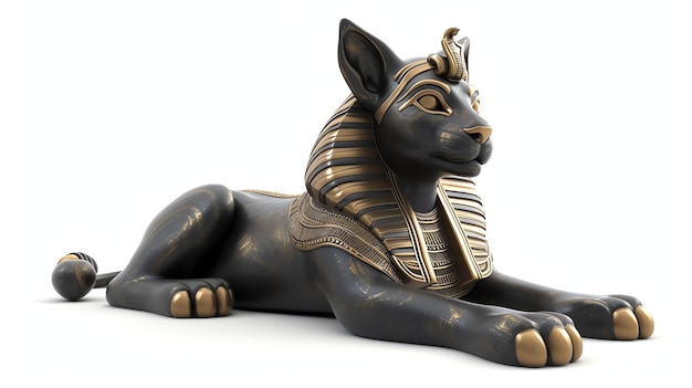 Photo 3d rendering of a black and gold egyptian cat statue the cat is sitting on a white surface and is looking to the right