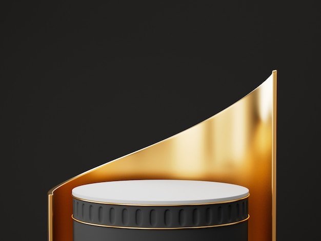 3d rendering of black and gold pedestal isolated on black wall, round gold frame, memorial board, cylinder steps, abstract minimal concept, blank space, clean design, luxury minimalist 