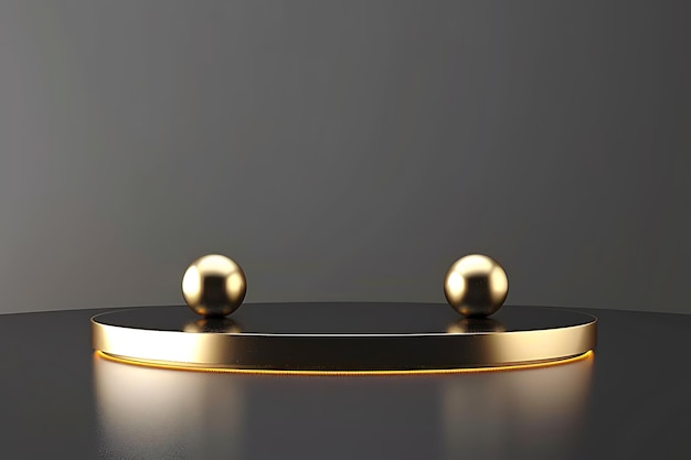 3d rendering of a black and gold podium with golden spheres on grey background