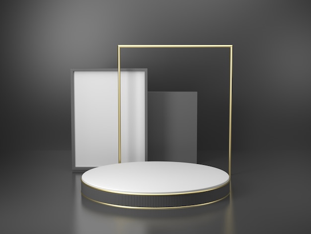 3D rendering black podium geometry with gold elements  Abstract geometric shape blank podium  Minimal scene square step floor abstract composition