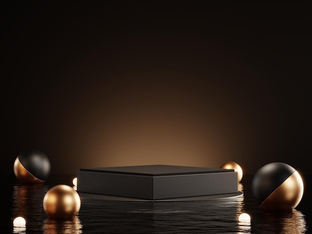 3d rendering of black podium pedestal platform on water for product display