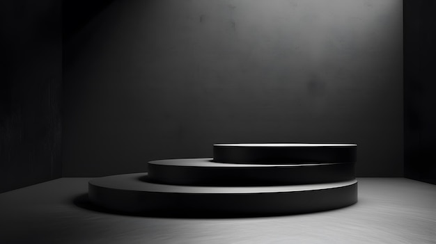 3D rendering of a black podium with spotlight Dark background Empty pedestal for product presentation