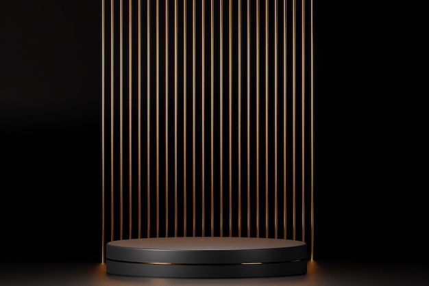 3d rendering Black product display podium with gold elements