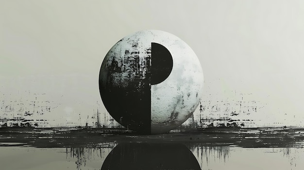 Photo 3d rendering of a black and white sphere floating above a reflective surface