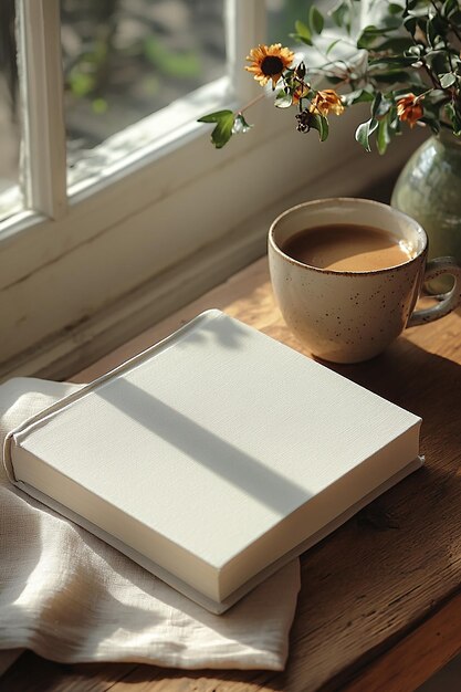 Photo 3d rendering of a blank book on a table next to a coffee cup suitable for book cover design templates