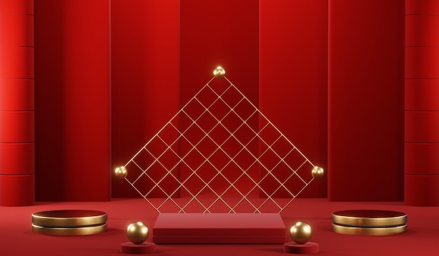 3D rendering of blank product background for cream cosmetics Modern red podium background