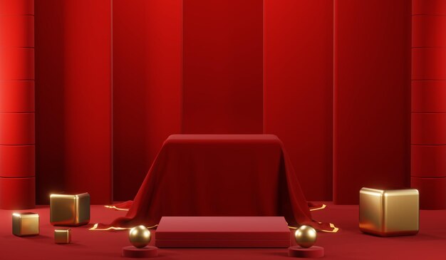 3D rendering of blank product background for cream cosmetics Modern red podium background