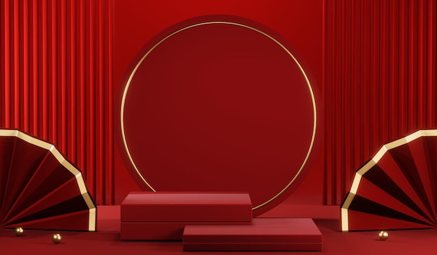 3D rendering of blank product background for cream cosmetics Modern red podium background