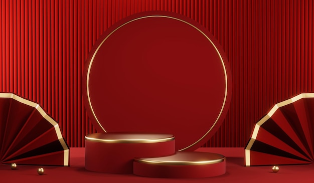 3D rendering of blank product background for cream cosmetics Modern red podium background