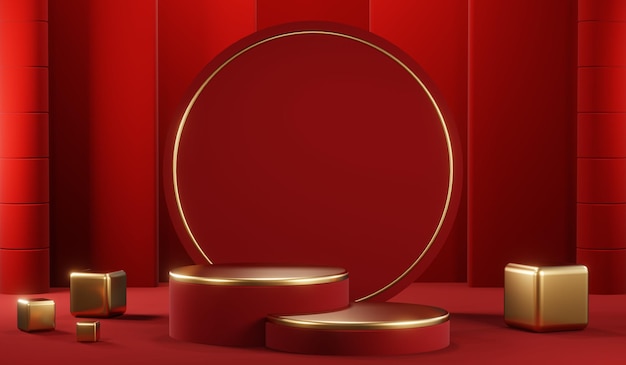 3D rendering of blank product background for cream cosmetics Modern red podium background