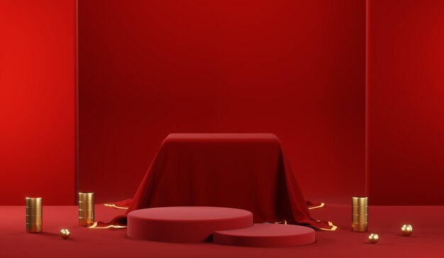 3D rendering of blank product background for cream cosmetics Modern red podium background