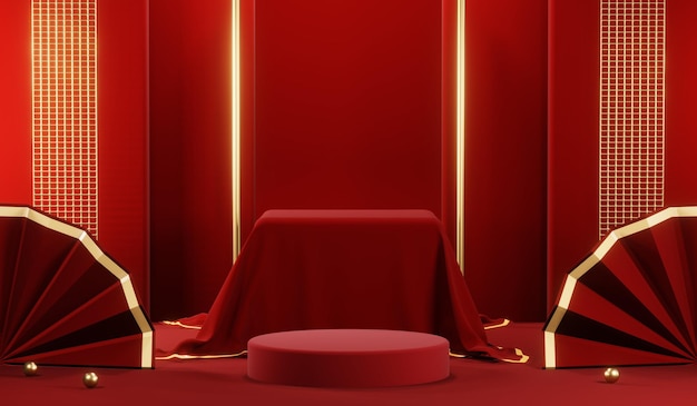 3D rendering of blank product background for cream cosmetics Modern red podium background