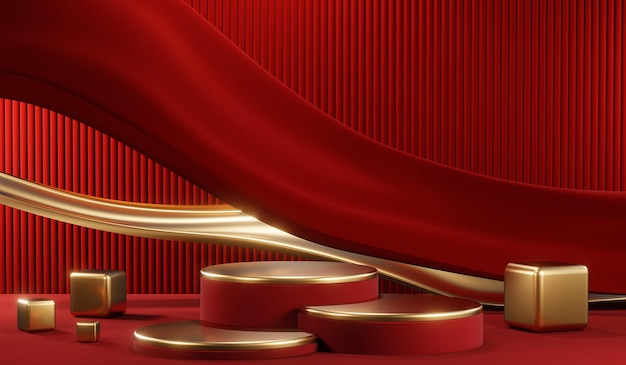 3D rendering of blank product background for cream cosmetics Modern red podium background