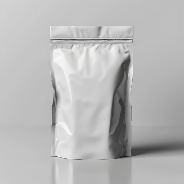 3D rendering of a blank white aluminum foil food or drink pouch with a zipper