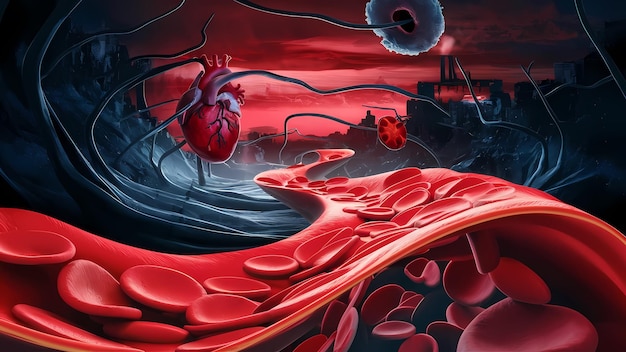 3D Rendering of a Blood Cell With Flowing River of Blood Cells