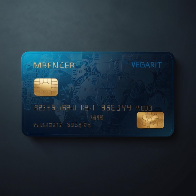 Photo 3d rendering of blue credit card protection on dark blue background