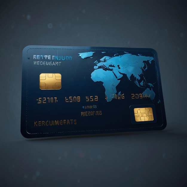 Photo 3d rendering of blue credit card protection on dark blue background