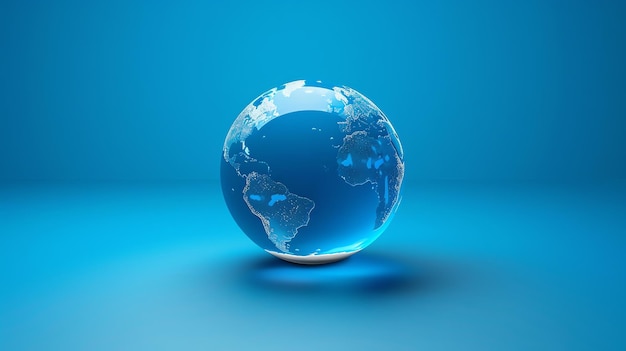 A 3D rendering of a blue glass globe on a blue background