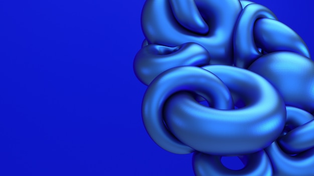 Photo 3d rendering blue metallic flying abstraction. computer generated illustration of soft liquid shapes. bold electric blue background