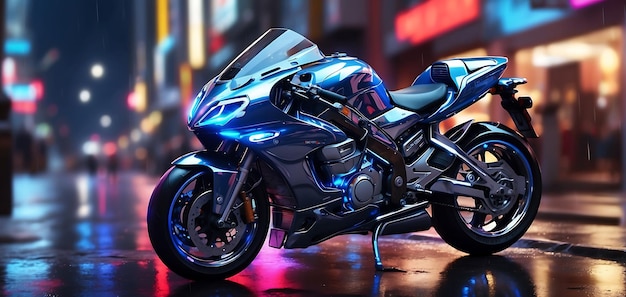 3D rendering of a blue motorcycle in the city at night