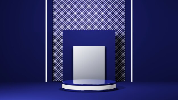 3D rendering of Blue podium for displaying products in a blue tone room background. Mockup for show product.