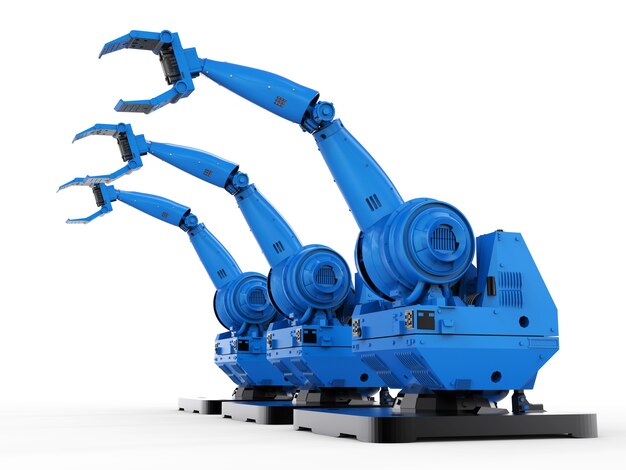 3d rendering blue robotic arms in a row on white background