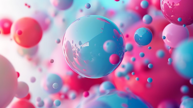 3D rendering of a blue sphere floating in a sea of smaller pink and blue spheres