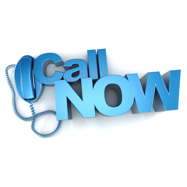 3D rendering of a blue telephone with the words call now