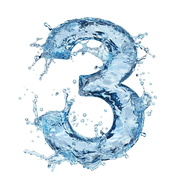 3D rendering of a blue water splash in the form of the number 3 on a white background