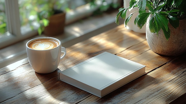 3D rendering of a book cover template empty book mockup on a table with a coffee cup perfect for design showcases