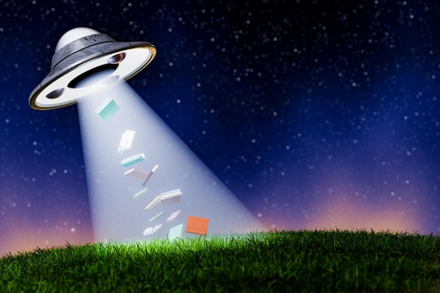 3D rendering of books falling from UFO on grassy meadow at night