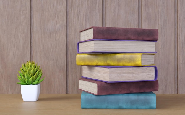 3D rendering books on wood shelf with small plants in white ceramic pots