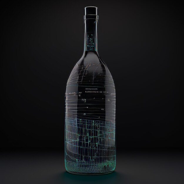 Photo 3d rendering of a bottle of wine with a hologram on a black background