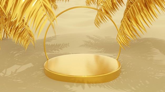 3d rendering box podium palm leaves with summer background