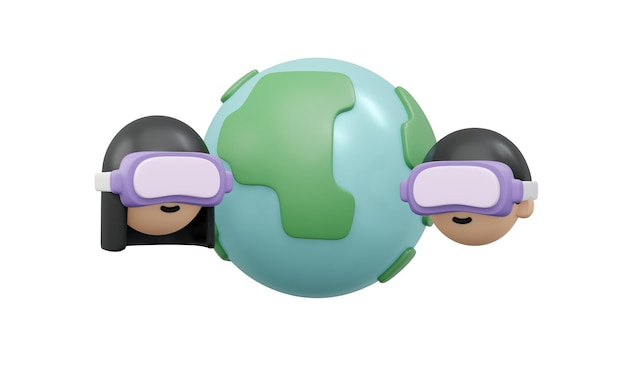 3D Rendering of boy and girl with VR metaverse glasses and golbal icon concept of online technology worldwide exchange information isolate on white background 3D Render illustration cartoon style