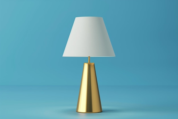 3D Rendering of Brass Table Lamp with White Shade on Blue Background