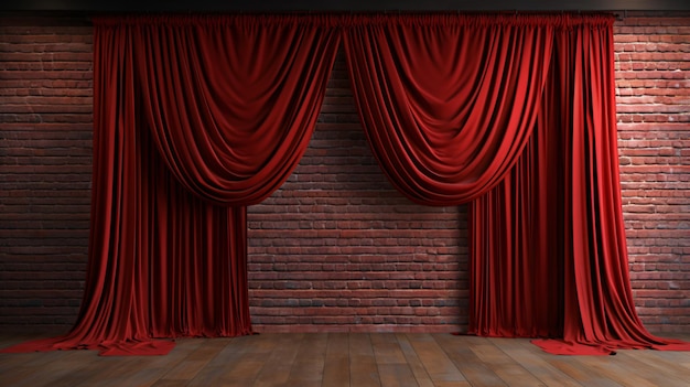 3D rendering of a brick wall with a red curtain