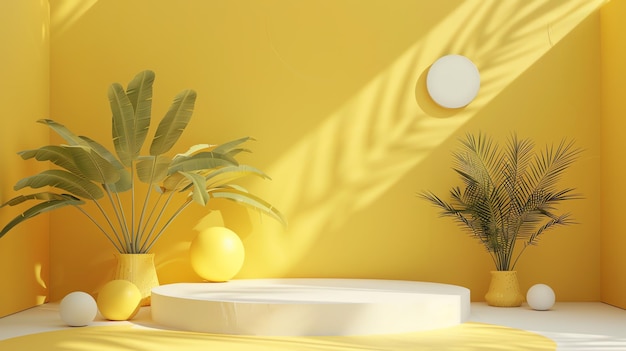 3d rendering of a bright yellow room with a white podium in the center