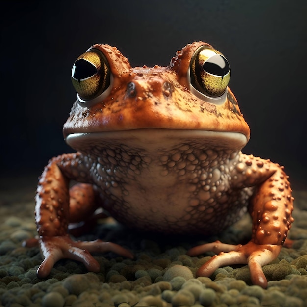 3d rendering of a brown frog with orange eyes on a black background