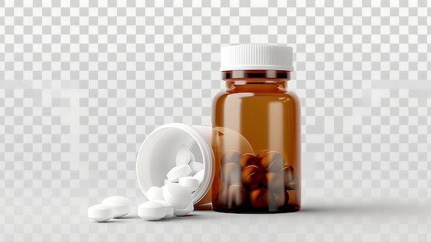 3D rendering of a brown glass medicine bottle with a white lid The bottle is halffull of white pills The bottle and pills are on a white surface