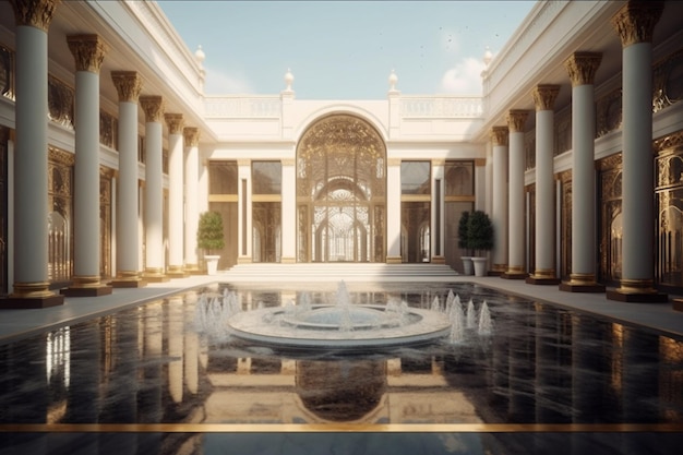 A 3d rendering of a building with a fountain in the middle.